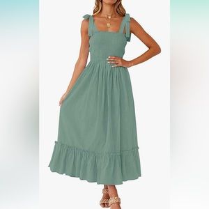 Tobrief Women Boho Dress Summer Spaghetti Strap Square Neck Flowy Geeen